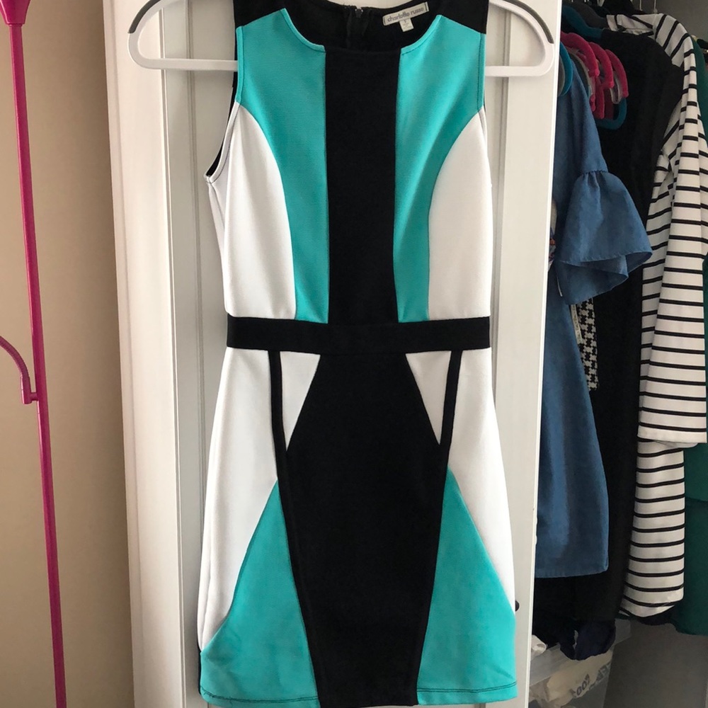 Black white teal dress